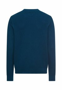 Granatowy dzianinowy sweter o fakturowanym wykończeniu, z okrągłym dekoltem i długimi rękawami. Ściągacze przy mankietach i u dołu zapewniają dopasowanie.