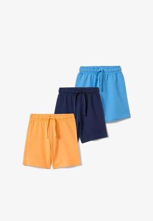 Trois paires de shorts pour enfants à taille élastique avec cordons en jaune, bleu marine et bleu ciel, disposées en chevauchement sur fond blanc.