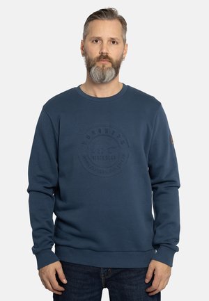 Dunkelblaues Sweatshirt mit Rundhalsausschnitt, langen Ärmeln, geprägtem Logo-Detail auf der Vorderseite sowie gerippten Bündchen und Saum.