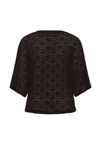 Blouse en dentelle noire avec motif floral, manches larges trois-quarts et ourlet droit, vue de dos.