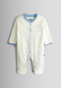 Hvid babyheldragt med blå kant, trykknapper foran og på benene, med et lille blåt elefantmotiv og teksten "lille elefant".