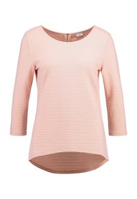 Jasnoróżowy top z fakturą prążkowaną, dekoltem w łódkę i rękawami do połowy przedramienia; posiada zamek z tyłu.