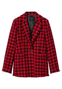 Rood en zwart houndstooth blazer met een klassiek ontwerp, met notch-revers, twee voorkeurszakken en een rafelige zoom. Knopen sluiting aan de voorkant.