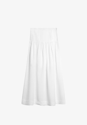 Weißer Midirock mit geraffter Taille und ausgestelltem Saum, aus leichtem Stoff, geeignet für legere oder formelle Anlässe.