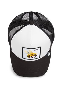 Black and white trucker cap featuring a bee graphic with the word "BUSY," mesh back, and a curved brim. Soft fabric and structured design.