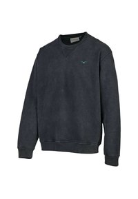 Dunkelgrauer Sweatshirt mit lockerer Passform, ausgestattet mit einem V-Ausschnitt und einem kleinen blauen Logo auf der Brust. Weicher Stoff und gerippte Bündchen.