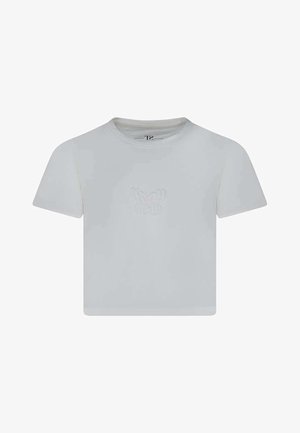 T-shirt court à manches courtes blanc avec un col rond et un motif subtil de papillon en relief au centre devant.