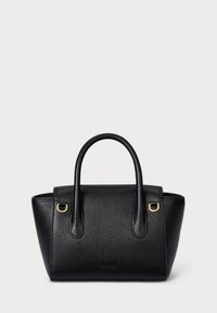Fekete bőr kézitáska strukturált formával, sima felülettel, dupla fogantyúkkal és aranyszínű fémrészekkel. Kompakt és elegánsan formázott.