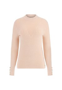 Sweter wełniany w miękkim różowym kolorze, z wysokim kołnierzem, teksturowanym wzorem ściągacza i guzikami na mankietach. Dopasowany krój z długimi rękawami.