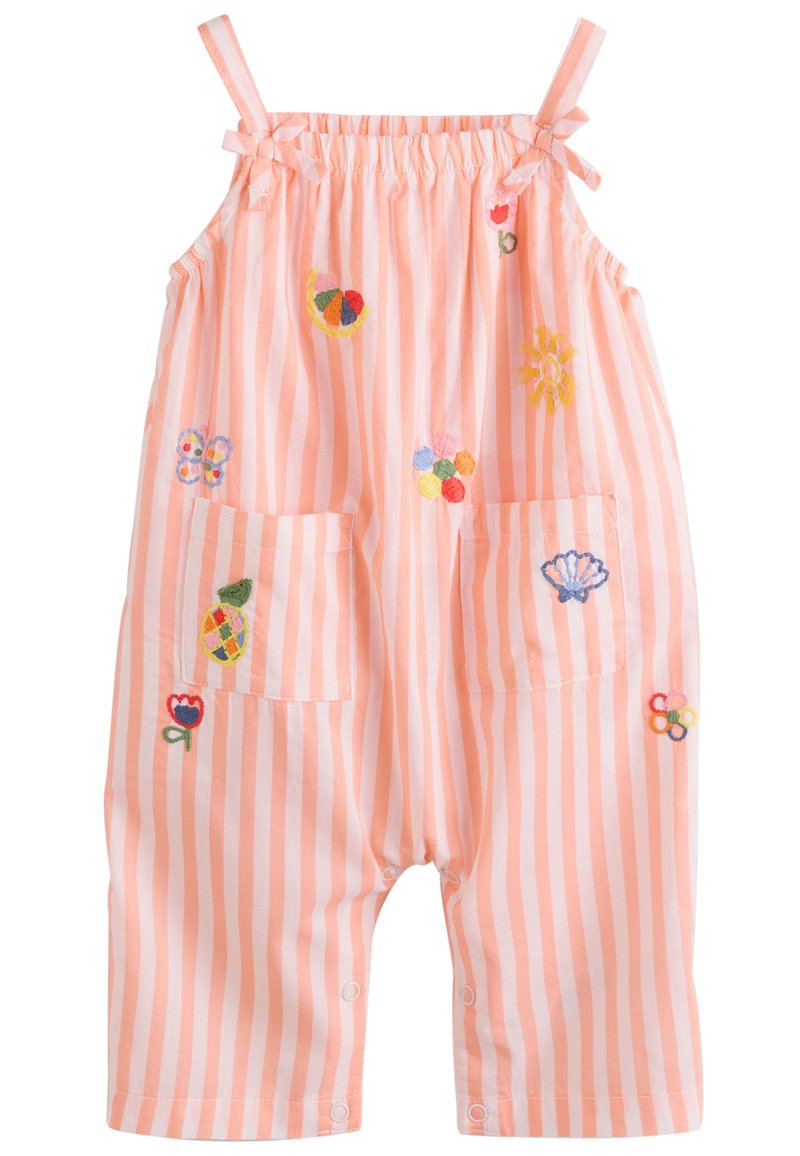 Csíkos rózsaszín overál hímzett gyümölcs- és virágmotívumokkal, állítható pántokkal és elülső zsebekkel. Könnyű, légáteresztő anyagból készült.