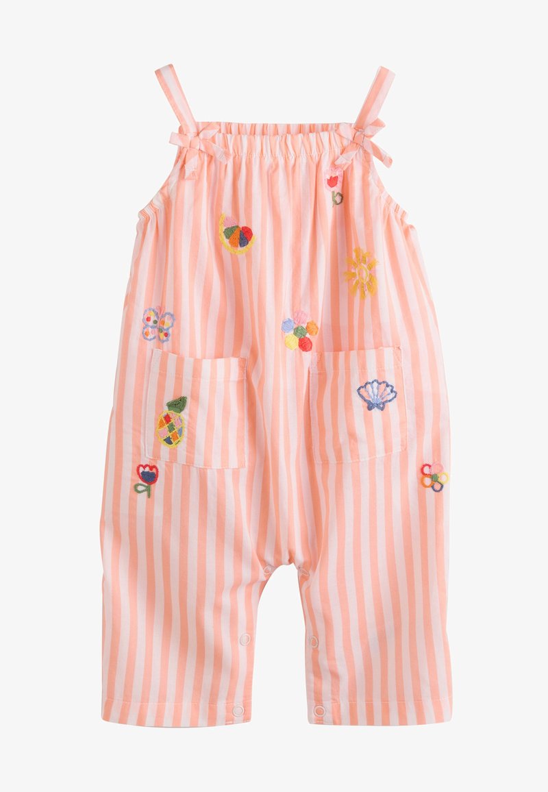 Striped pink overalls with embroidered fruit and flower designs, adjustable straps, and front pockets. Made from light, breathable fabric.