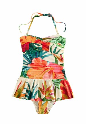 Jednodielne plavky s halter krkom s tropickým kvetinovým vzorom, nažehleným živôtikom a rozšírenou volánovou sukňou v páse.