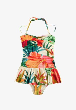 Egyrészes, halter nyakú fürdőruha trópusi virágmintával, fodros felsőrésszel és bővülő fodros szoknyadísszel a deréknál.