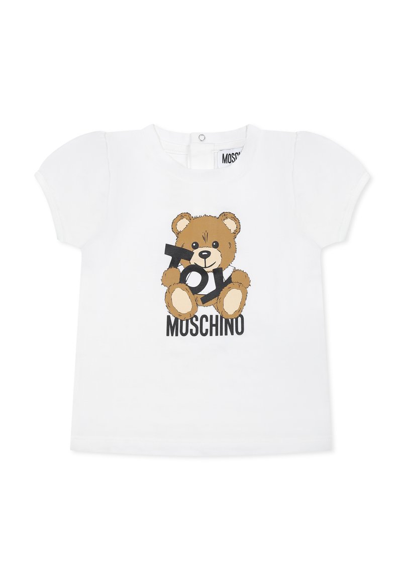 T-shirt bianco a maniche corte con grafica di un orsetto e la scritta "Toy Moschino" in nero sotto. Materiale in cotone morbido.