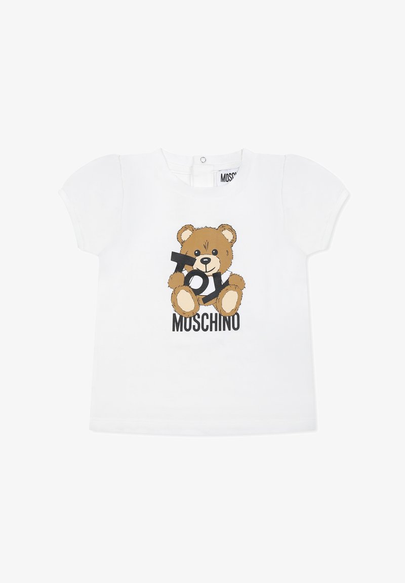 T-shirt bianco a maniche corte con grafica di un orsetto e la scritta "Toy Moschino" in nero sotto. Materiale in cotone morbido.