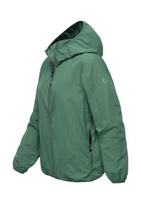 Žalia lengva striukė su kapišonu, priekyje su užtrauktuku ir elastingais rankogaliais. Pagaminta iš lygios medžiagos su tekstūriniu paviršiumi.