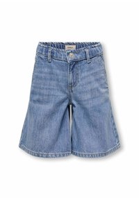 Lichtblauwe denim shorts met een ontspannen pasvorm, voorzien van een knoop- en elastische tailleband, subtiele stikdetails en brede pijpopeningen.
