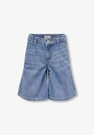 Hellblaue Denim-Shorts mit lässigem Schnitt, ausgestattet mit einem Knopf- und Gummibund, subtilen Stickdetails und weiten Beinöffnungen.