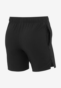 Zwarte sportshorts met een elastische tailleband, een gladde textuur, zijsplitten voor mobiliteit en een lichtgewicht ontwerp dat geschikt is voor sport.