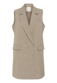 Beige sleeveless blazer with a double-breasted design, notched lapels, and front flap pockets. Textured fabric with a tailored fit.