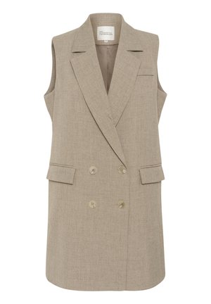 Beige sleeveless blazer with a double-breasted design, notched lapels, and front flap pockets. Textured fabric with a tailored fit.