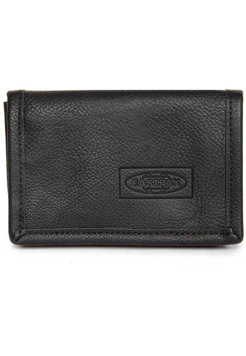 Black leather wallet with textured surface, featuring a debossed logo. Compact rectangular shape with subtle stitching details.