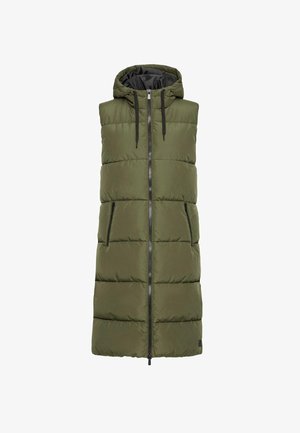 Gilet sans manches matelassé vert olive avec une capuche, fermeture éclair à l'avant et deux poches zippées sur les côtés. Tissu lisse avec des sections cousues pour l'isolation.