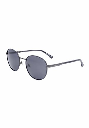 Occhiali da sole rotondi in metallo nero con lenti scure e aste sottili con il marchio Tom Tailor sulle stanghette.