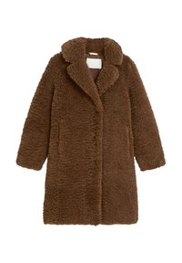 Cappotto in finto pelliccia marrone con colletto a revers, maniche lunghe e due tasche laterali. Tessuto strutturato e morbido con una vestibilità rilassata e oversize.