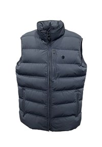 Dunkler Daunenwesten mit hohem Kragen, Reißverschluss vorne und zwei seitlichen Taschen; verfügt über gesteppten Panels und ein kleines Logo auf der Brust.