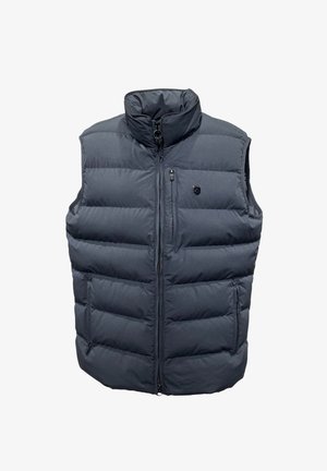 Dunkler Daunenwesten mit hohem Kragen, Reißverschluss vorne und zwei seitlichen Taschen; verfügt über gesteppten Panels und ein kleines Logo auf der Brust.