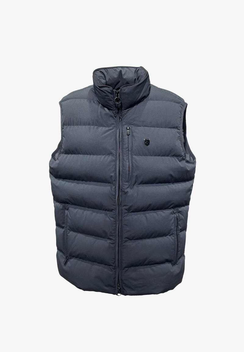 Dunkler Daunenwesten mit hohem Kragen, Reißverschluss vorne und zwei seitlichen Taschen; verfügt über gesteppten Panels und ein kleines Logo auf der Brust.