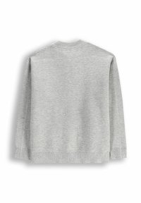 Jasnoszary sweter o strukturalnym wzorze, z okrągłym dekoltem i długimi rękawami. Poziome paski biegną na plecach.