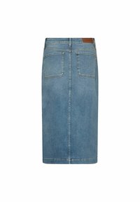 Denim midi krilo v svetlo modri barvi, z ravnim krojem, dvema žepoma zadaj in usnjenim označevalnikom na pasu. Gladek, strukturiran material.