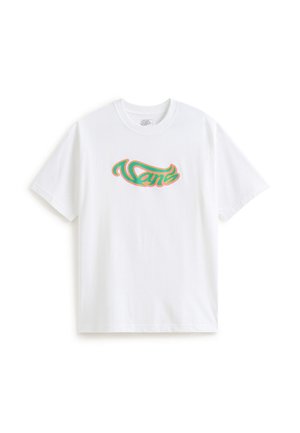 Biała bawełniana koszulka z kolorowym, stylizowanym logo "Vans" w kolorach zielonym i pomarańczowym. Krótkie rękawy i okrągły dekolt.