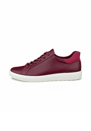Burgundy leather sneakers feature a smooth finish, round toe, seven-eyelet lace-up design, and contrasting white rubber sole.