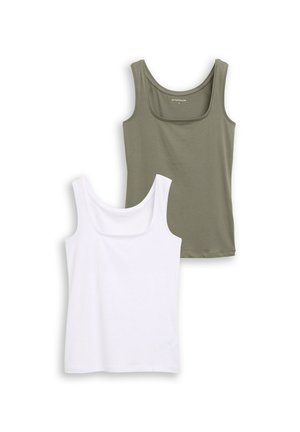 Dve majici brez rokavov v olivno zeleni in beli barvi. Vsaka ima zaobljen izrez, brezrokaven kroj ter mehak, raztegljiv material.