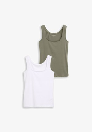 Divi bezroku krekli olīvu zaļā un baltā krāsā. Katram ir apaļš kakla izgriezums, bezroku dizains un mīksts, elastīgs audums.