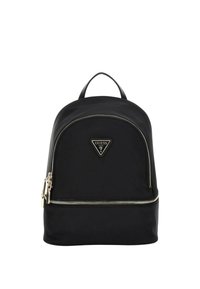 Zaino in nylon nero con forma arrotondata, zip dorata e logo triangolare. Dotato di manico superiore e tasca frontale con zip.