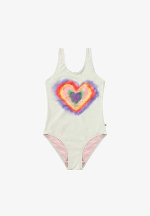 Maillot de bain une pièce en tissu léger, avec un motif de cœur dégradé en rose, violet et orange sur un fond pâle.