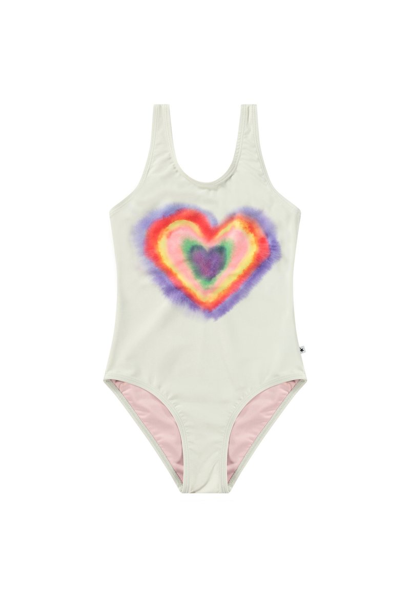 Maillot de bain une pièce en tissu léger, avec un motif de cœur dégradé en rose, violet et orange sur un fond pâle.