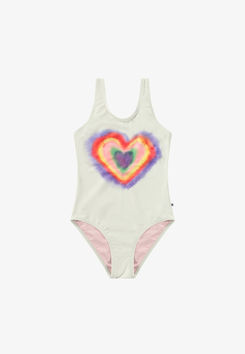 Jednodielny plavky vyrobené z ľahkej tkaniny, s gradientovým dizajnom srdca v ružovej, purpurovej a oranžovej farbe na svetlom pozadí.