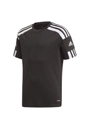 Black athletic t-shirt made of moisture-wicking fabric, featuring white three-stripe design on shoulders and small logo on sleeve.
