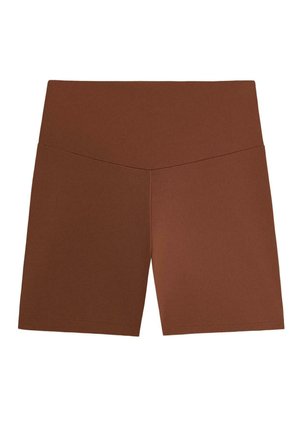 Pantaloni scurți atletici maro, cu talie înaltă, prevăzuți cu o cusătură în formă de V la talie, concepuți pentru o potrivire strânsă și confortabilă.