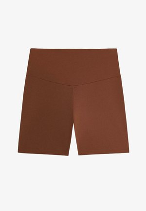 Pantaloni scurți atletici maro, cu talie înaltă, prevăzuți cu o cusătură în formă de V la talie, concepuți pentru o potrivire strânsă și confortabilă.