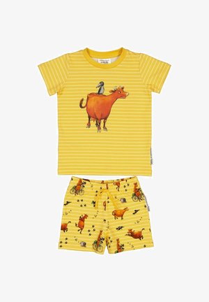 Gulstribet T-shirt med grafisk af ko og fugl, parret med gule shorts med prints af koer og cykler. Fremstillet af bomuldsstof, afslappet pasform.