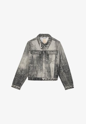 Zwart-wit denimjack met een grafisch textuurpatroon, twee borstzakken, knopen en een cropped ontwerp.