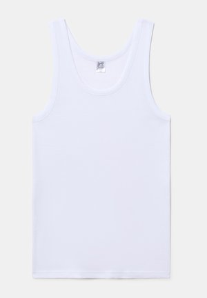 Canottiera bianca in cotone con spalline larghe. Texture liscia, scollatura rotonda e taglio dritto. Etichetta visibile all'interno della scollatura.