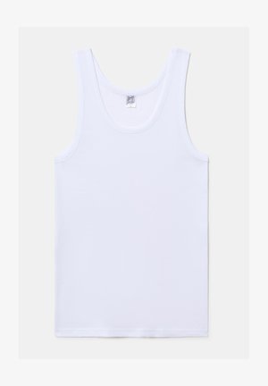 Canottiera bianca in cotone con spalline larghe. Texture liscia, scollatura rotonda e taglio dritto. Etichetta visibile all'interno della scollatura.