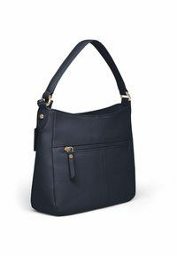 Dunkelblaue Leder-Schultertasche mit einem einzelnen Tragegurt, strukturiertem Oberflächen, goldenen Hardware und einer vorderen Reißverschlusstasche. Schlichte, moderne Form.